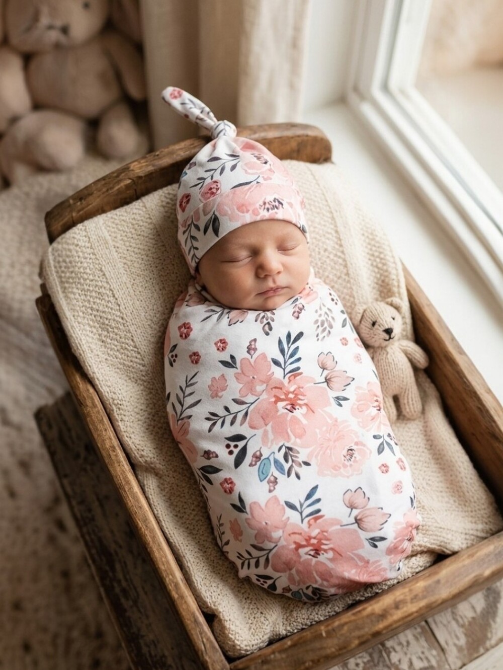 Floral Newborn Girl Swaddle Blanket & Top Knot Hat Set 0-3M Pink Rose Nursery